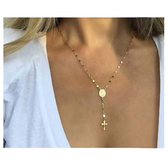 3/$35 Gold Tone Rosary Style Y-Drop Chain Necklace Cross Charm Dainty Jewelry - Picture 1 of 7